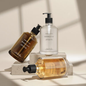 Private Label Luxury Organic 350ml Cosmetic Glass Bottle Classic Amber Round Glass Lotion Shampoo Bottle With Pump